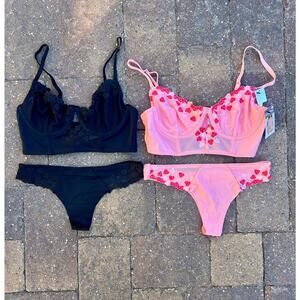 NWT Marilyn Monroe Intimates pink & black heart bra & pants set size M (34C)